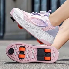 

Новая детская обувь, автоматическая версия, тормозная обувь с двойной сеткой и двойным шкивом, маленькие четырехколесные прогулочные туфли с вращающейся кнопкой, детские кроссовки