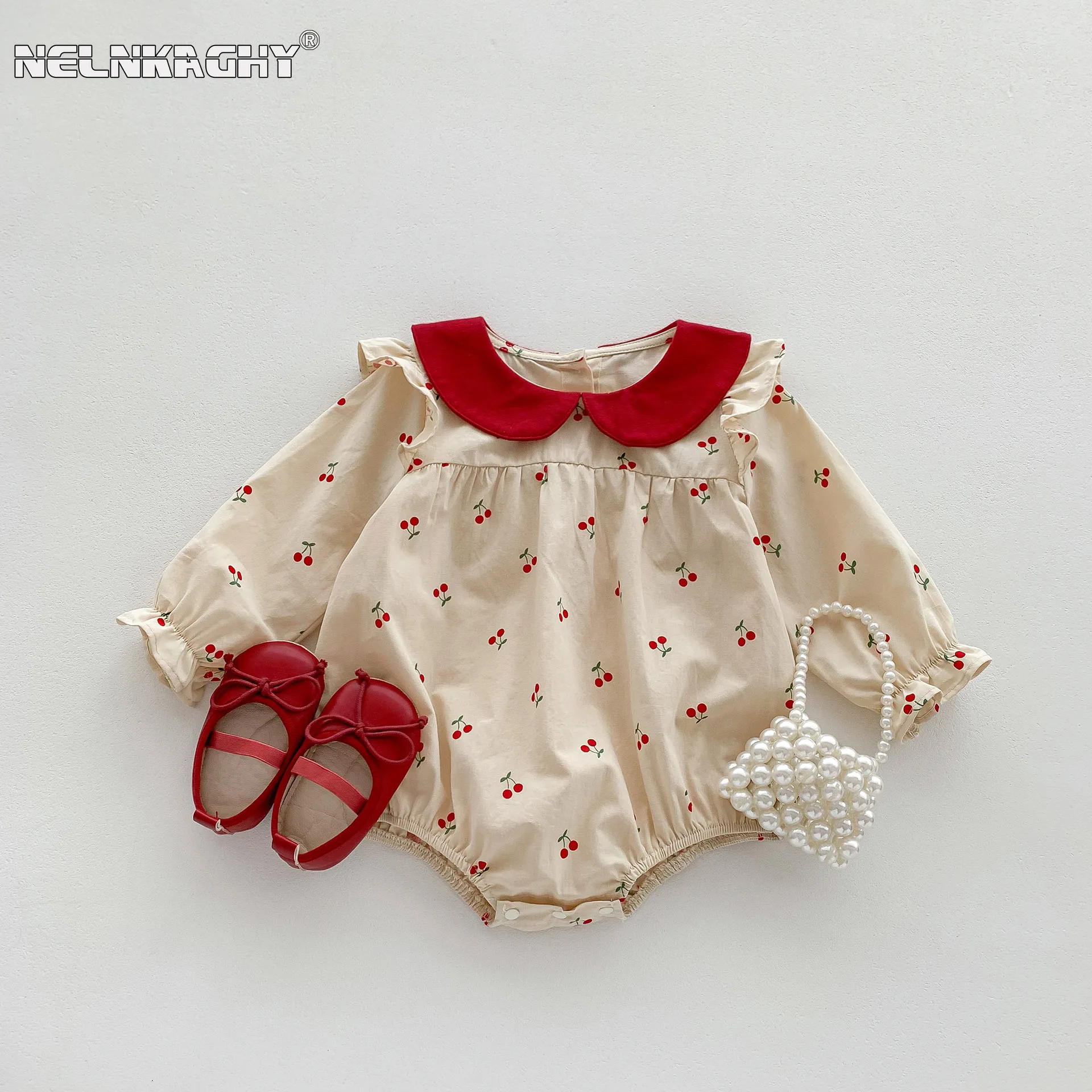 2024 Spring New in Infant Toddler Cute Clothing Kids Baby Full Sleeve Peter Pan Collar Cherry Outfits Newborn Bodysuits 0-24M