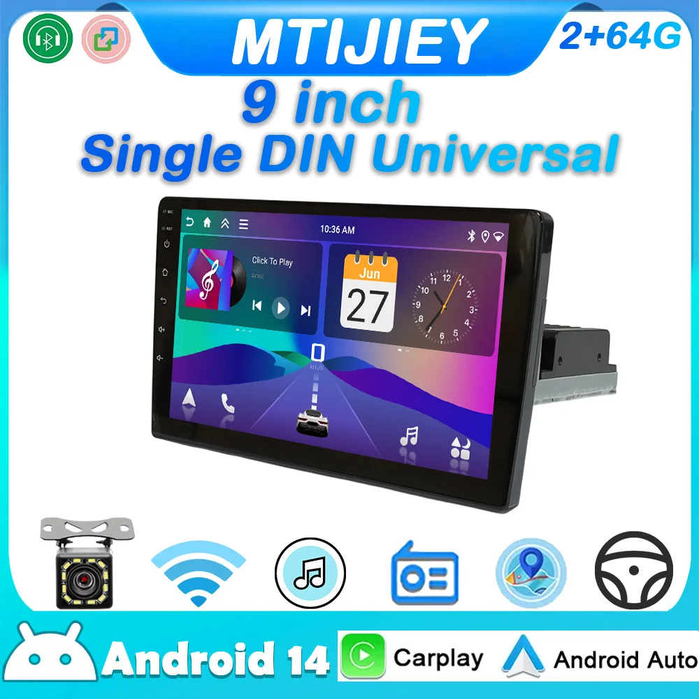 MTIJIEY 1Din راديو السيارة أندرويد 14 CarPlay أندرويد السيارات Autoradio العالمي 9 "واي فاي نظام تحديد المواقع بلوتوث الصوت مشغل فيديو الوسائط المتعددة