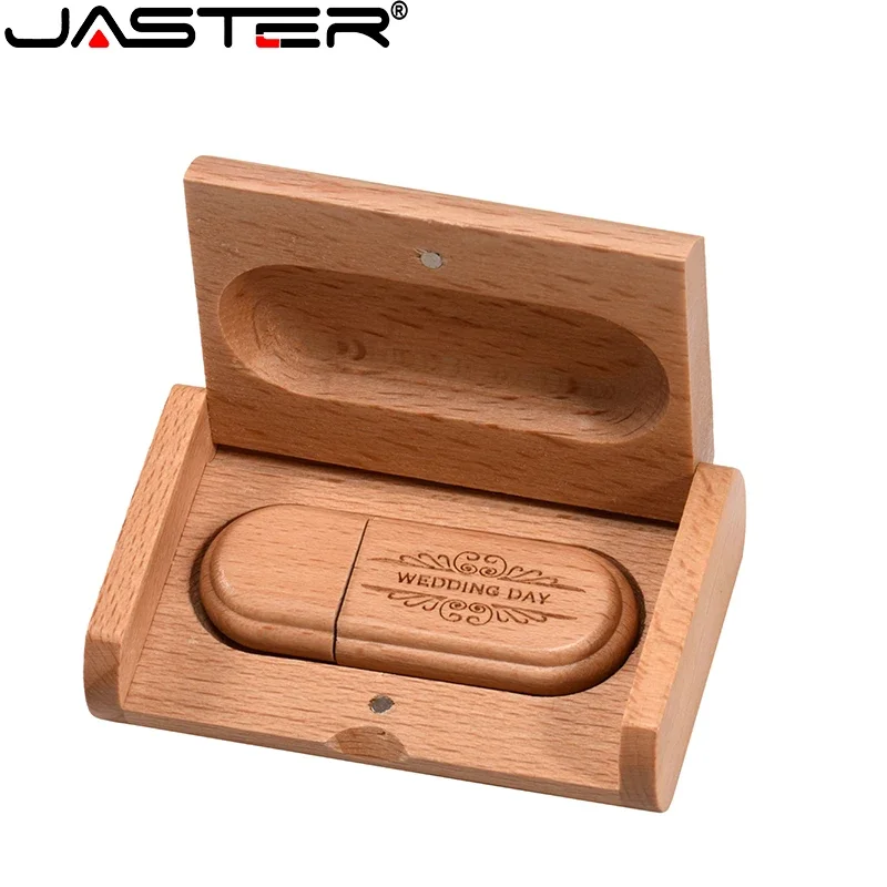 JASTER Beech Wooden box Memory Stick Free custom logo USB Flash Drives 128G 64GB 32G Maple flip box small oval love Wedding gift