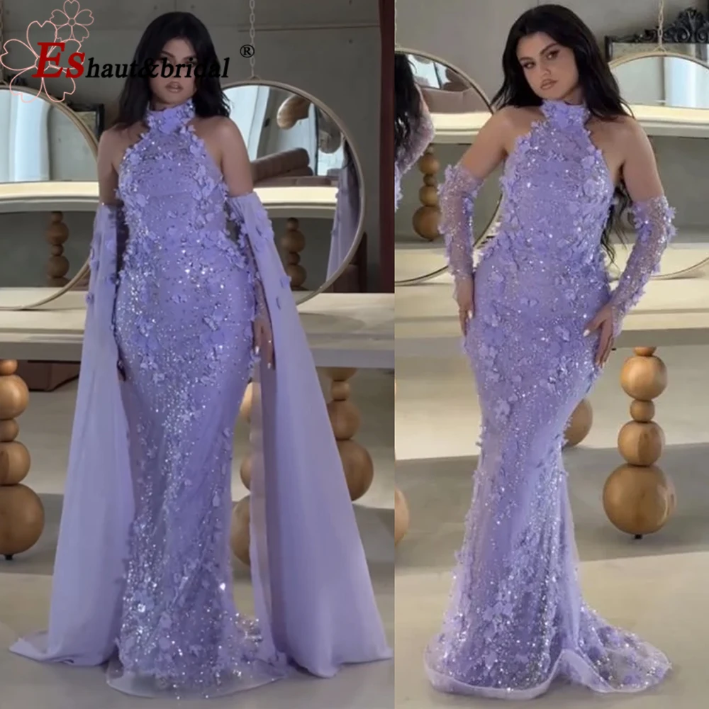 

Elegant Lace 3D Flower Evening Dress for Women with Gloves 2025 Dubai Halter Long Formal Prom Wedding Party Gown Customized