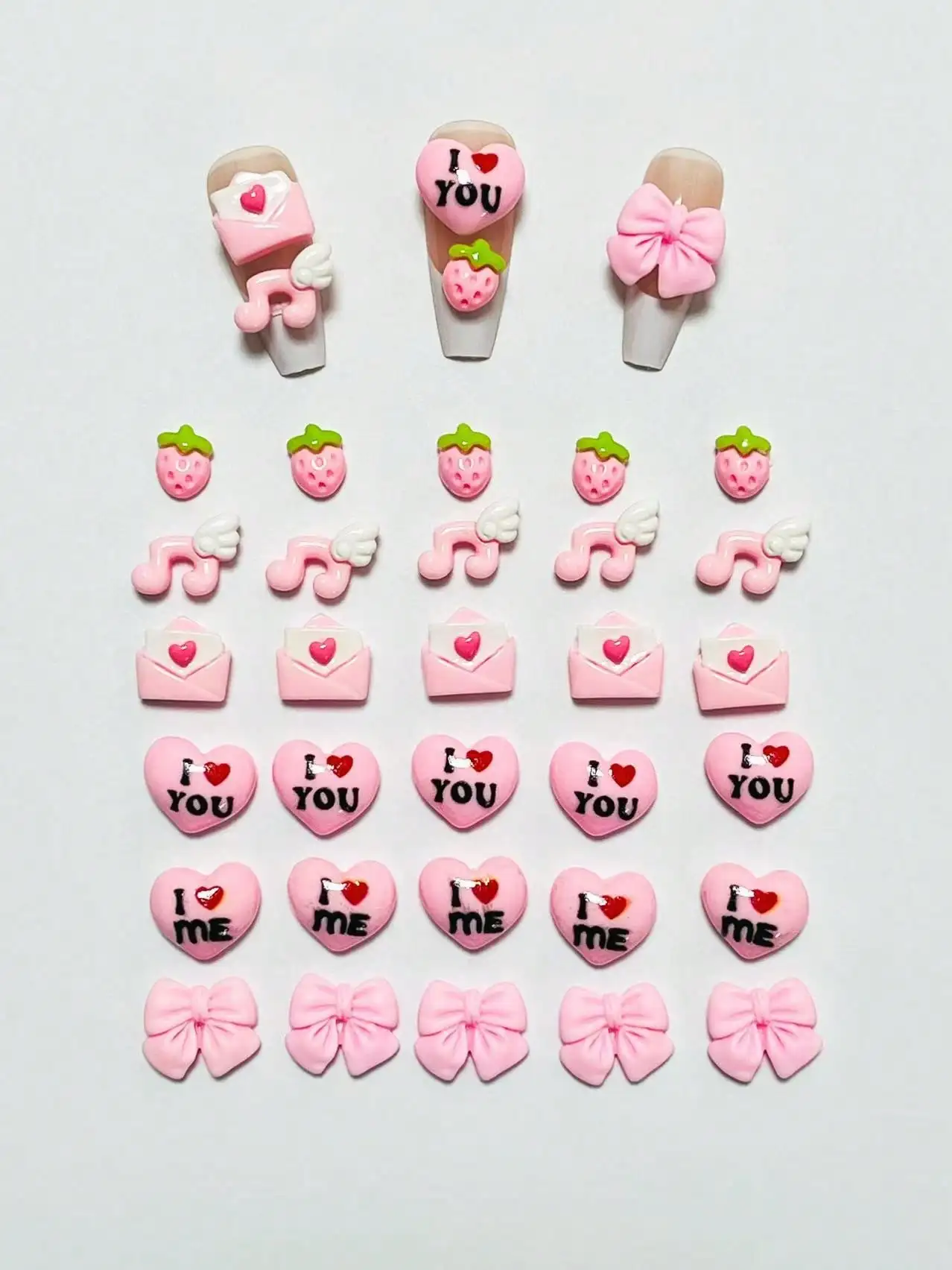 40 Uds mezcla música ocho notas signo fresa fruta arco ala labios corazón te amo Kawai dibujos animados decoración de uñas encantos