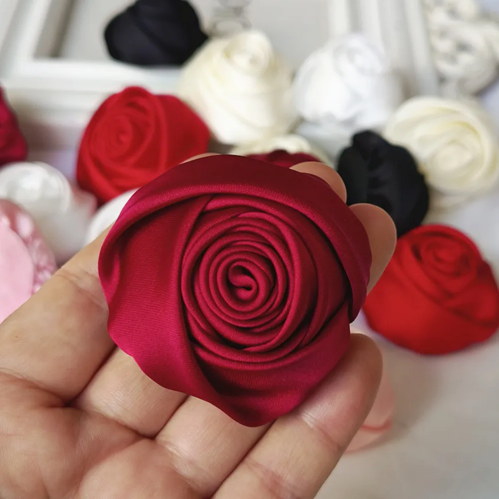 5Pcs 6.5CM/4.5CM/3CM Handmade Satin Fabri Rose For Diy Wedding Dress Hat Clothes Sewing Supplies Headwear Decor Corsage Floral