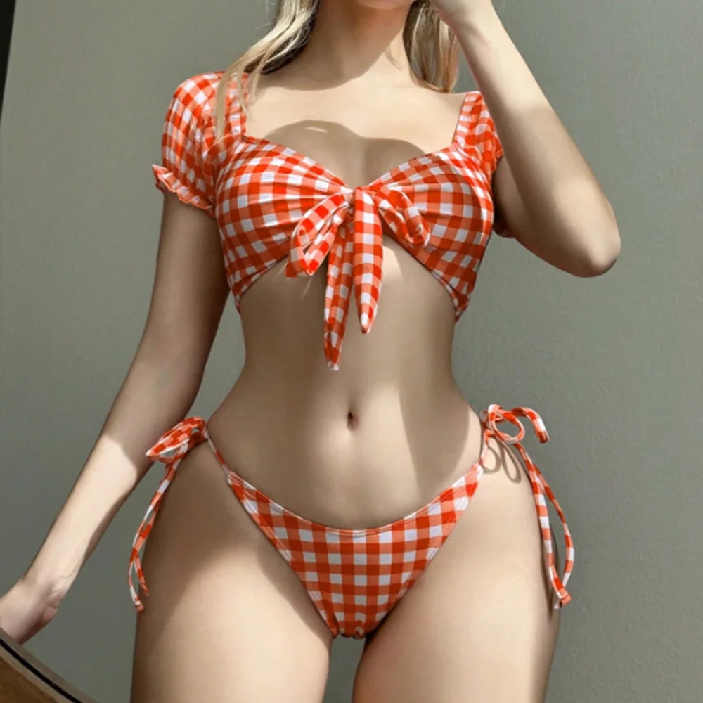 Cikini Women's Pink Plaid Short Sleeve Bikini Set, Swimwear Bathing Suit Beach Outfit Summer Vacation, Summer Beach Top