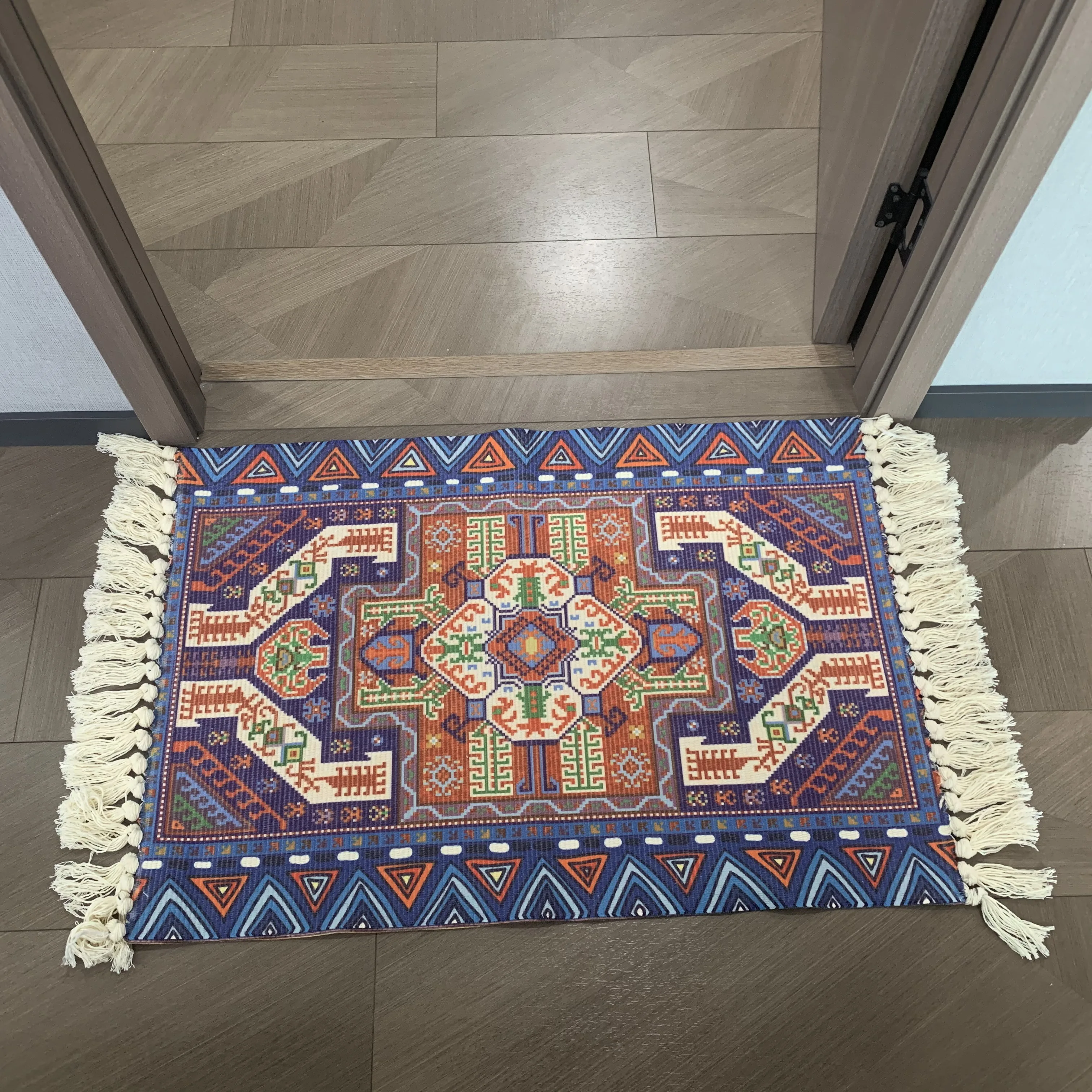 Small Throw Boho Bathroom Rug for Bath, Cotton Woven Area Carpet with Tassel for Entryway Kitchen Sink Front Door