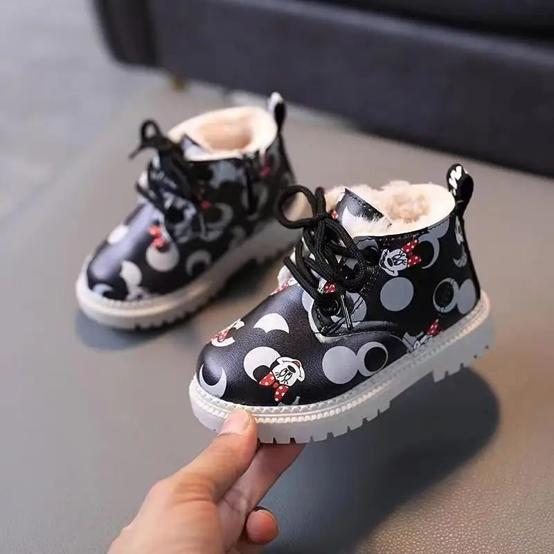 Disney Children\'s Plus Velvet Boots Kids Short Boot Children Leather Boots  Cartoon Boys Girls Autumn Winter Cotton Shoes 21-30