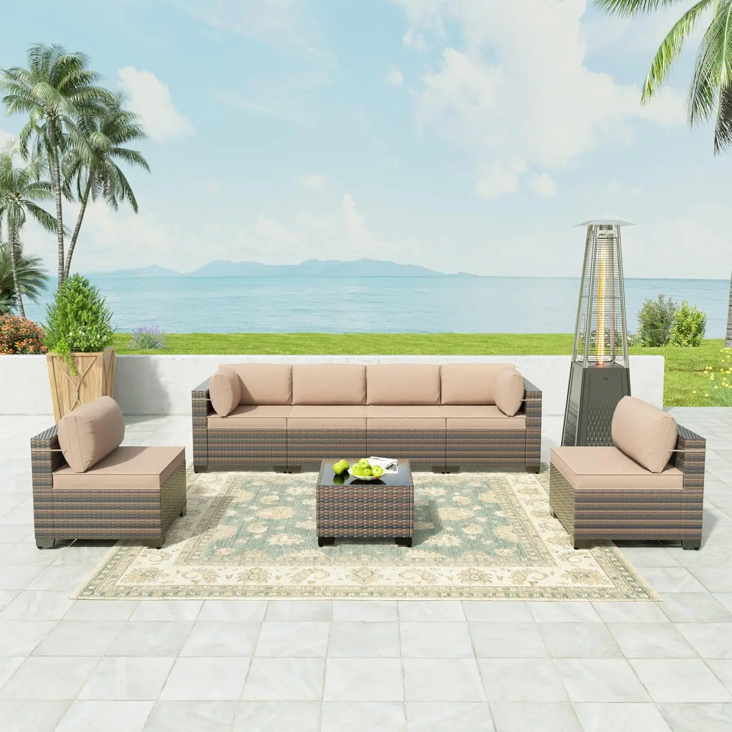 

Outdoor Patio Furniture Set with Outdoor Pyramid Patio Heater,PE Wicker Rattan Sectional Sofa Patio Conversation Sets