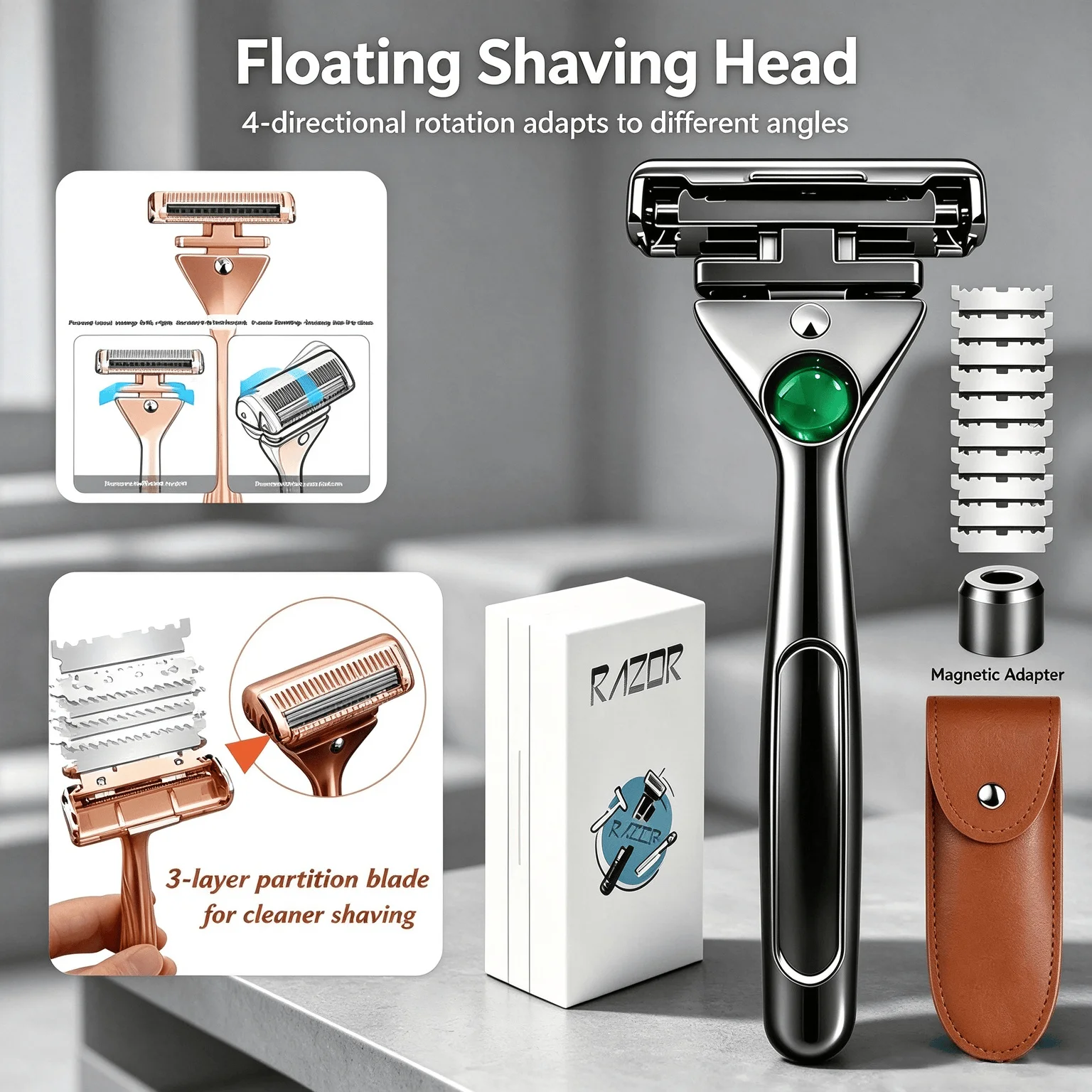 RZACLEA 4-Layer Half-Blade DE Safety Razor | Precision Shave with Magnetic Ease | Luxury Eco-Friendly Gift Set Razor