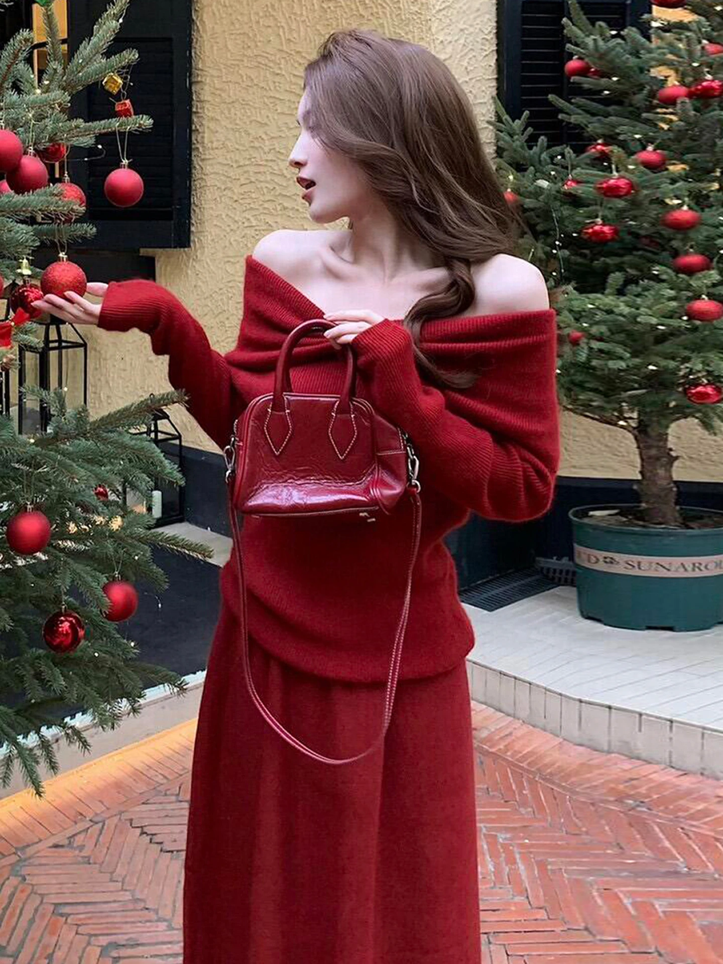

Red Knitted One-oulder Dr Women's Autumn Winter New Sle Ele Lady Wind Knit Long Dr High Waist A-Line Skirt