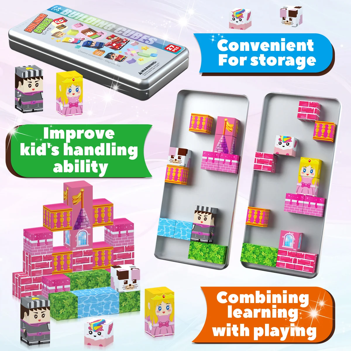 27 قطعة مكعبات بناء مغناطيسية للأميرة في صندوق حديدي، مكعبات مغناطيسية، ألعاب مغناطيسية، هدية عيد الميلاد/الهالوين، هدايا عيد الميلاد