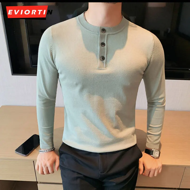 

2023 Autumn Solid Long Sleeve T-shirt Men's Slim Fit Casual Knit Business Polo Shirt Social Street Wear Simple Underlay M-4XL