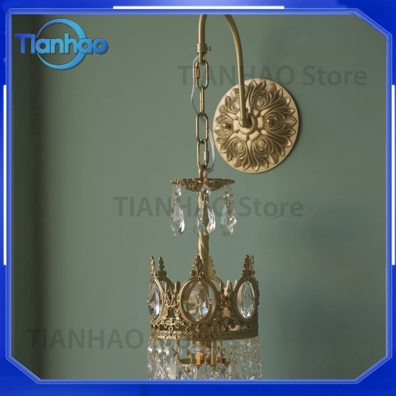 Crystal Wall Lamp for Retro All Copper Crown Style Background Wall Corridor Bedside Medieval Decor