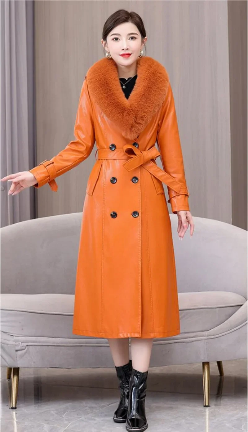 Outono inverno duplo breasted longo luxo engrossar jaqueta de couro falso trench coat feminino faixas designer moda casaco