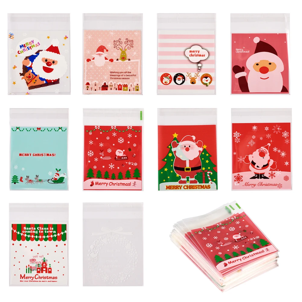 

200Pcs Christmas Theme Plastic Bag Gifts Bags Self-adhesive for Jewelry Packaging Chocolate Candy Snack Party Gift