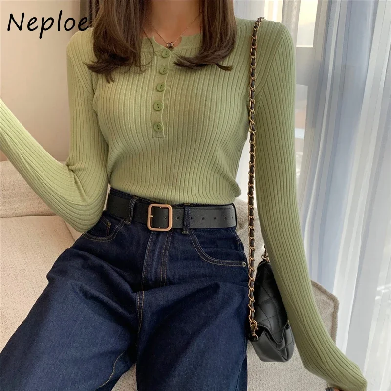 Neploe estilo coreano outono inverno nova camisola feminina o pescoço manga longa botão elasticidade jumper elegante fino tricô topos 2024