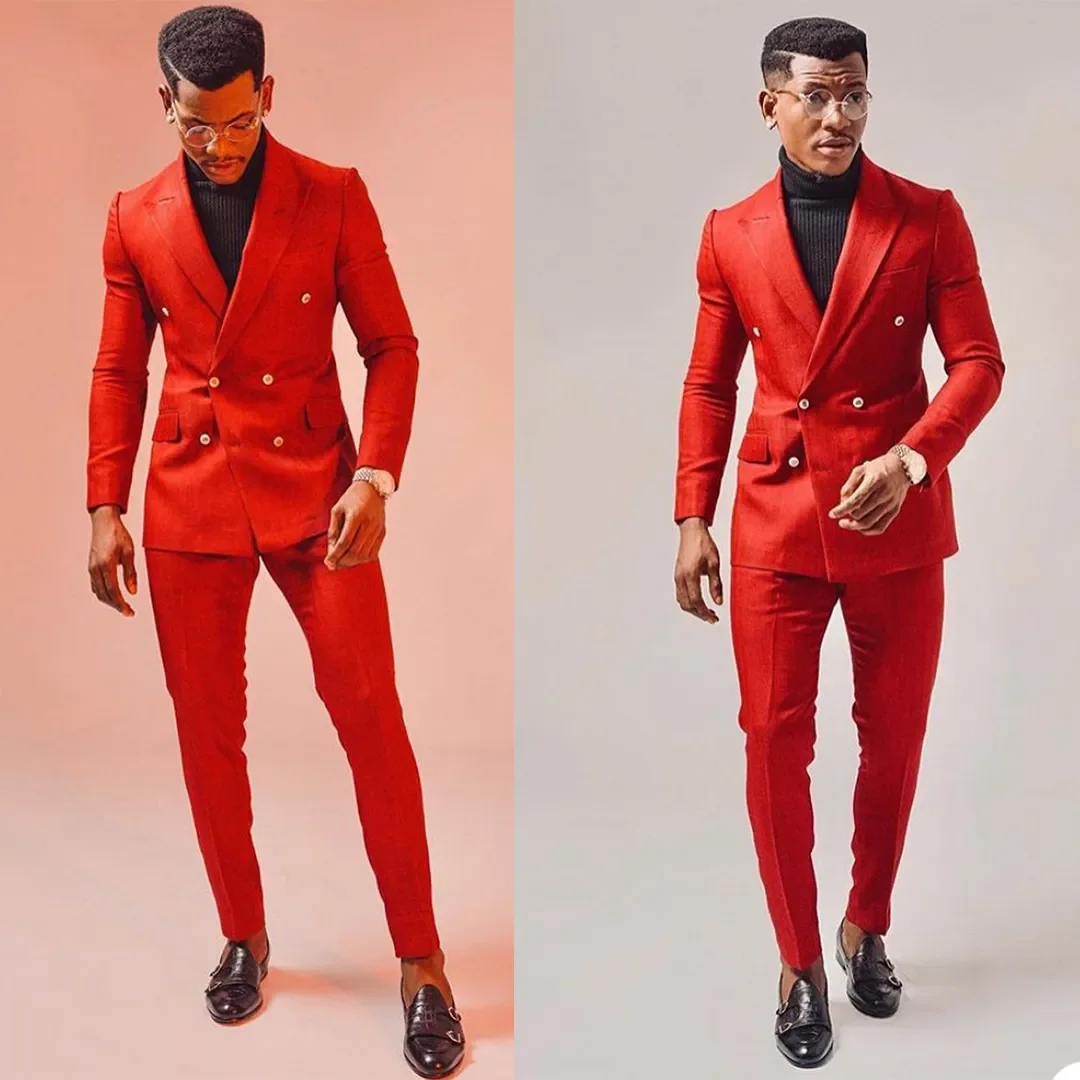 

Red Double Breasted Mens Customized Wedding Tuxedos Plus Size Men Wear Dinner Prom Party Blazer Suits (Jacket+Pants)