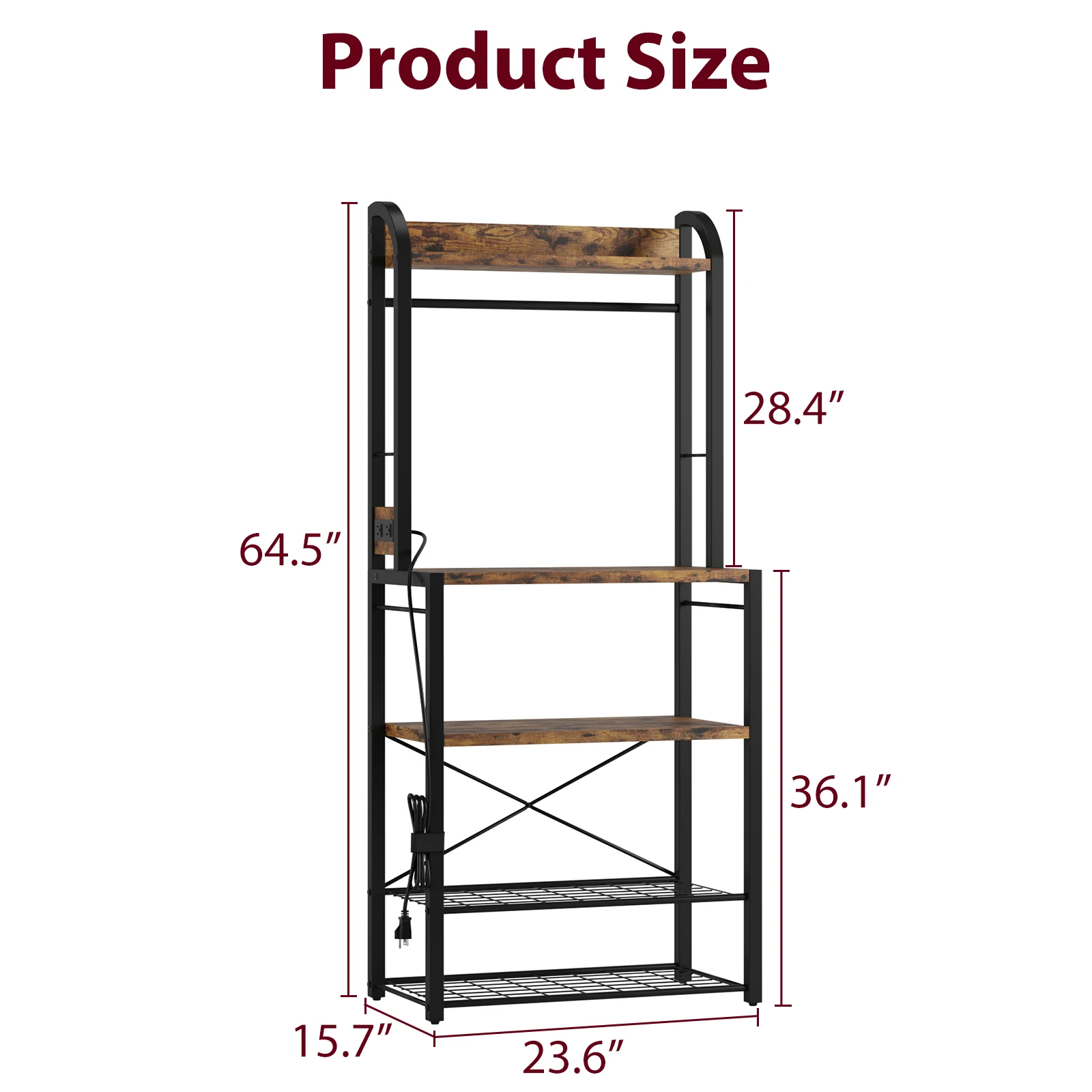 5-Tier Bakers Rack with Power Outlets,Industrial Microwave Stand,Kitchen Bakers Rack with Metal Wire Panel, 8 Hooks