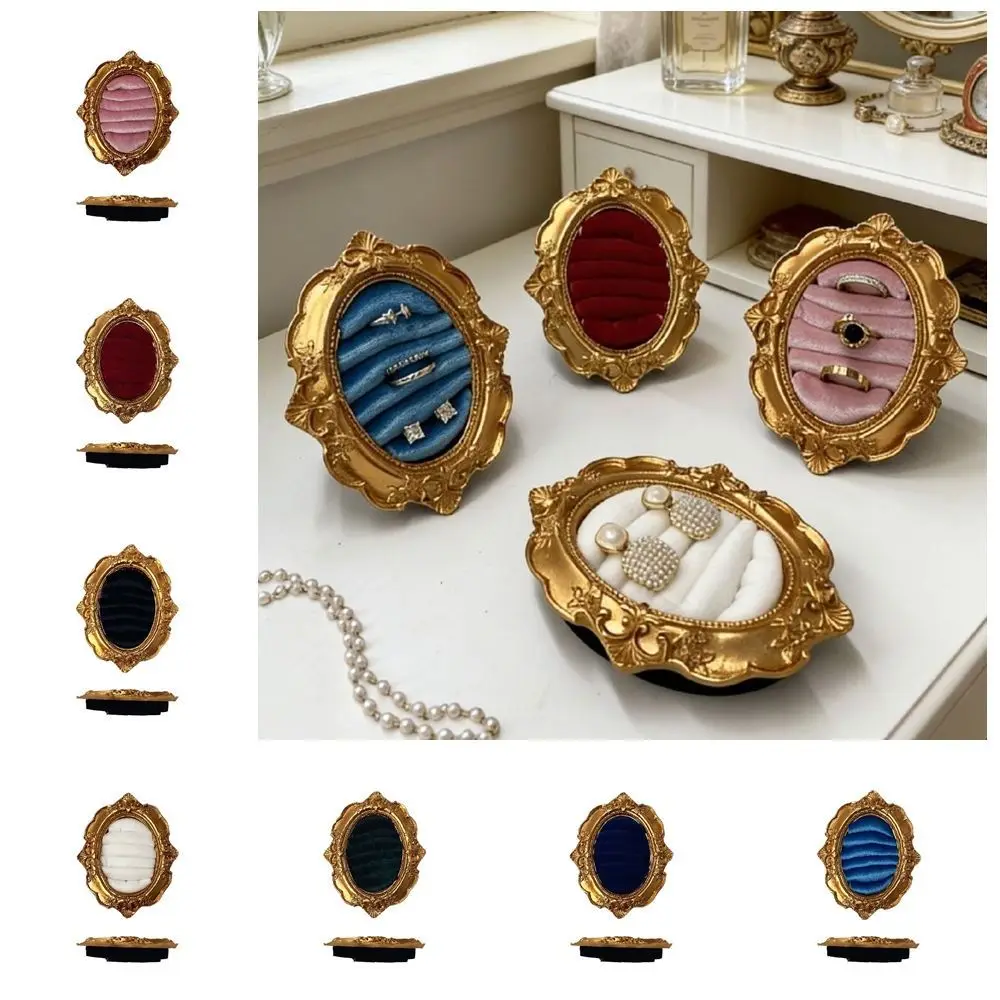Vintage Gold Ring Display Stand Velvet Organizer Baroque Design Suede Earring Tray Exquisite Photo Frame Jewelry Display Rack