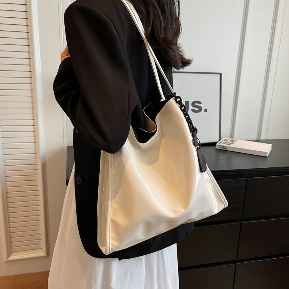 Casual Large Capacity Totes High Quality Glossy Patent Leather Shoulder Bags Women Shopping Travelling Underarm Handbags