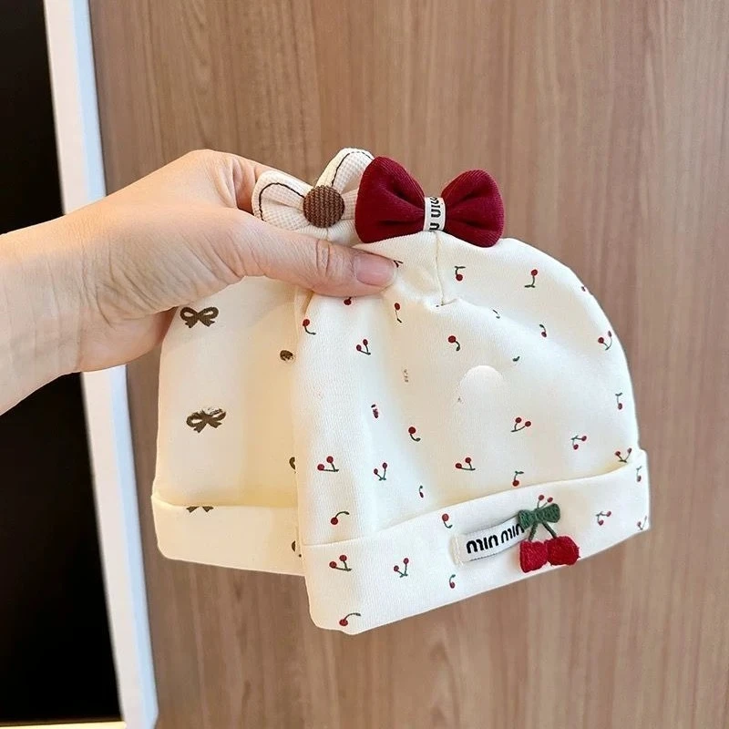 Spring/Fall Thin Cotton Newborn Cap,Polka Dot Bow, Seamless Design,Soft Breathable, Protects Fontanel, Practical for All Seasons