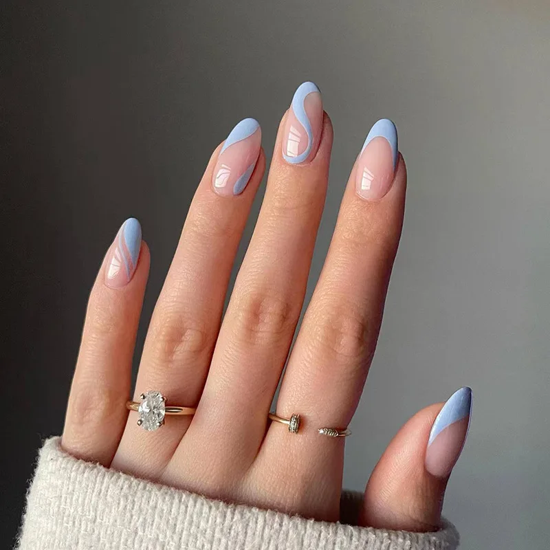 24Pcs Long Round Head Press On Nail Art Seamless Removable Fake Nails With  Glue Ballet Coffin Wearing Blue Reusable False Nails - AliExpress 66