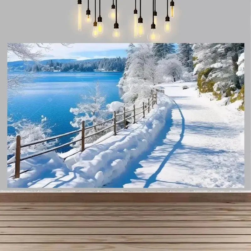VIKAMA Photography Background Christmas Snow Lake Boardwalk View Backdrop for Party Birthday Photo Booth Home Decor