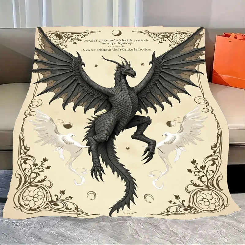

1pc Flannel Blanket Elegant Dragon & Phoenix Blanket - Gothic Fantasy Design for Cozy Nights