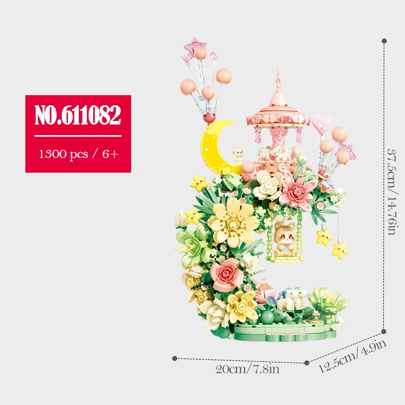 كاروسيل إبداعي لتزيين المنزل ، مكعبات بناء زهور لطيفة ، هدايا للبنات ، أرجوحة