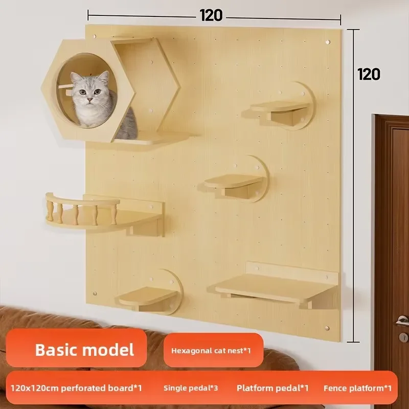 Luxury modern DIY solid wood cat wall-mounted climbing frame with nest and platform, cartoon pattern, suitable for indoor use