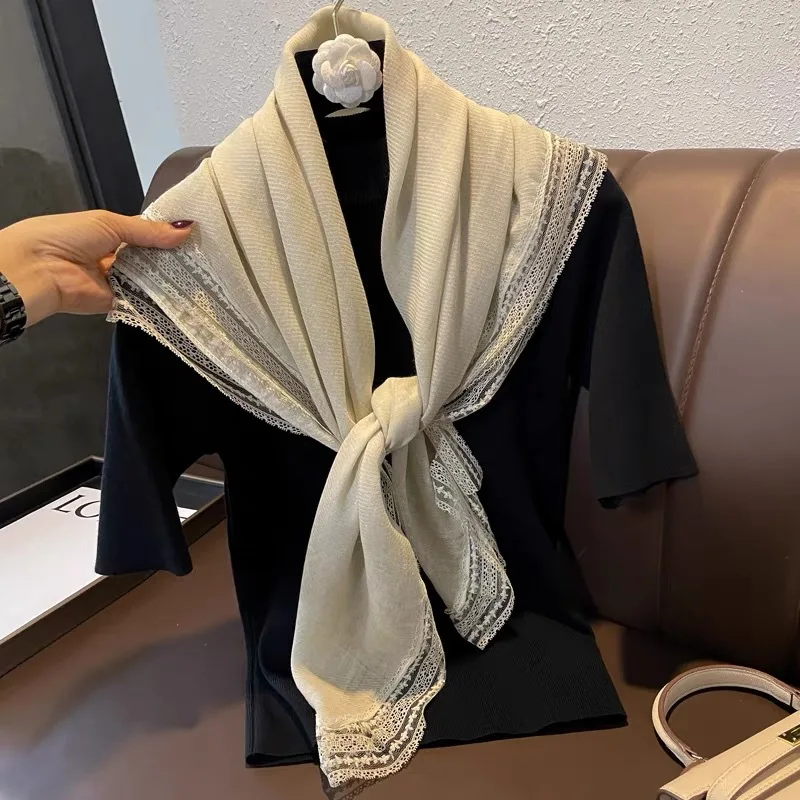 Pink/White/Grey 100cm lace cotton linen square scarf elegant scarf Bandana designer kerchief, extra fine cotton - for Women