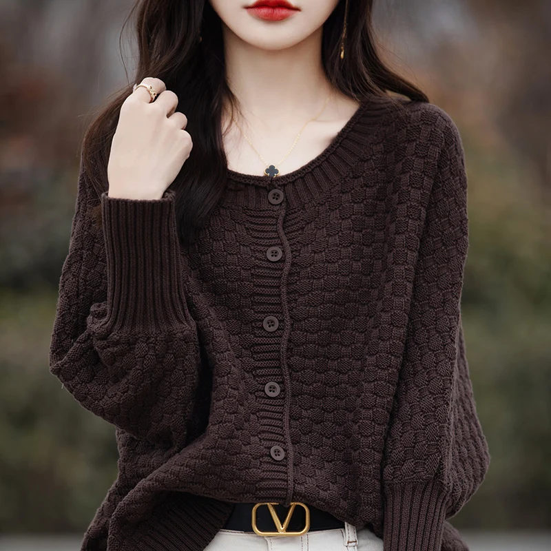 Women\'s 100% Cotton Sweater Round Collar Bat Sleeve Cardigan Autumn Winter Checkerboard Grid Warm Jacket Casual Knit Basic Tops