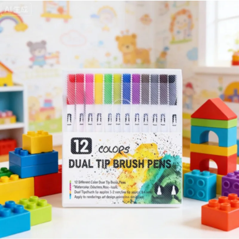 أقلام تحديد ذات طرف رفيع وفرشاة مكونة من 12 لونًا - مجموعة تلوين متعددة الأغراض لرسم اليوميات |   هدية عيد الشكر