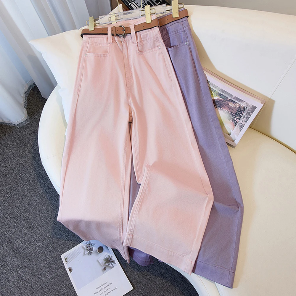 

Colored Icesilk Thin Women's Denim Pants High-Waisted Wide-Leg Jeans Straight Summer Autumn Versatile Solid Color Long Trousers