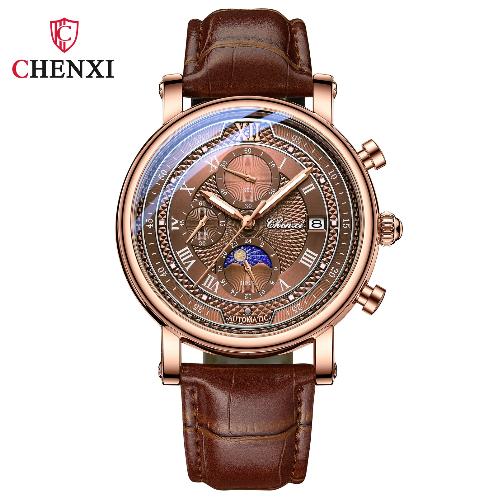 Chenxi 976 Leder Chronograph Datum Herrenuhr Mondphasenanzeige Business Leuchtende Quarzuhr Relojes Para Hombres