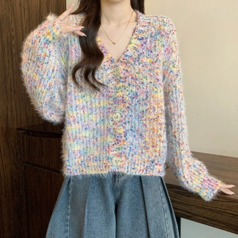 

Autumn Women Long Sleeve Knit Cardigan Sweater Colored Knitted Jacket Winter Warm V-Neck Elegant Loose Korean Casual Knitwear