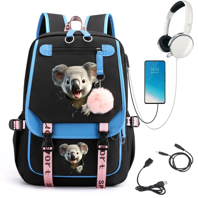 Mochila escolar con estampado de Koala, Bolsa Escolar de dibujos animados para estudiantes y adolescentes, bolsa de libros Usb, bolsa de Anime para portátil, bolsas para adolescentes