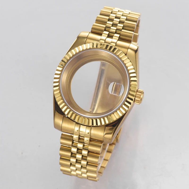 

Full Gold 36mm 39mm Watch Case For NH35 Movement, 28.5mm Dial, President Band & Adjustable Slide Buckle Strap Mod PartsNH35case