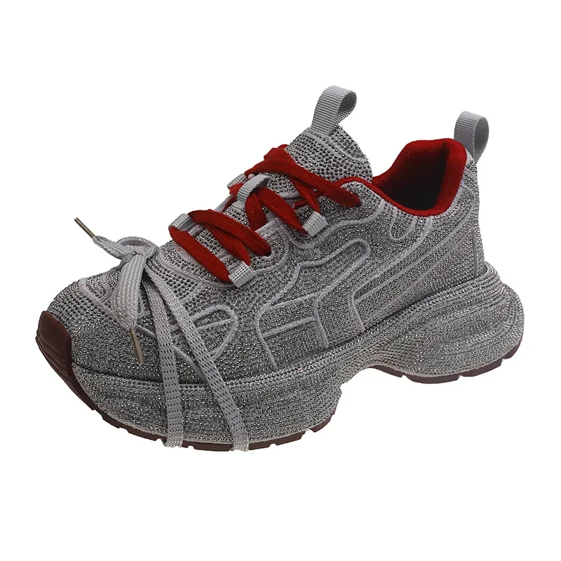 

Chunky Sneakers Women Bling Running Shoes Fashion Casual Genuine Leather Cowhide Breathable Height Increased Flat Platform Shoes
