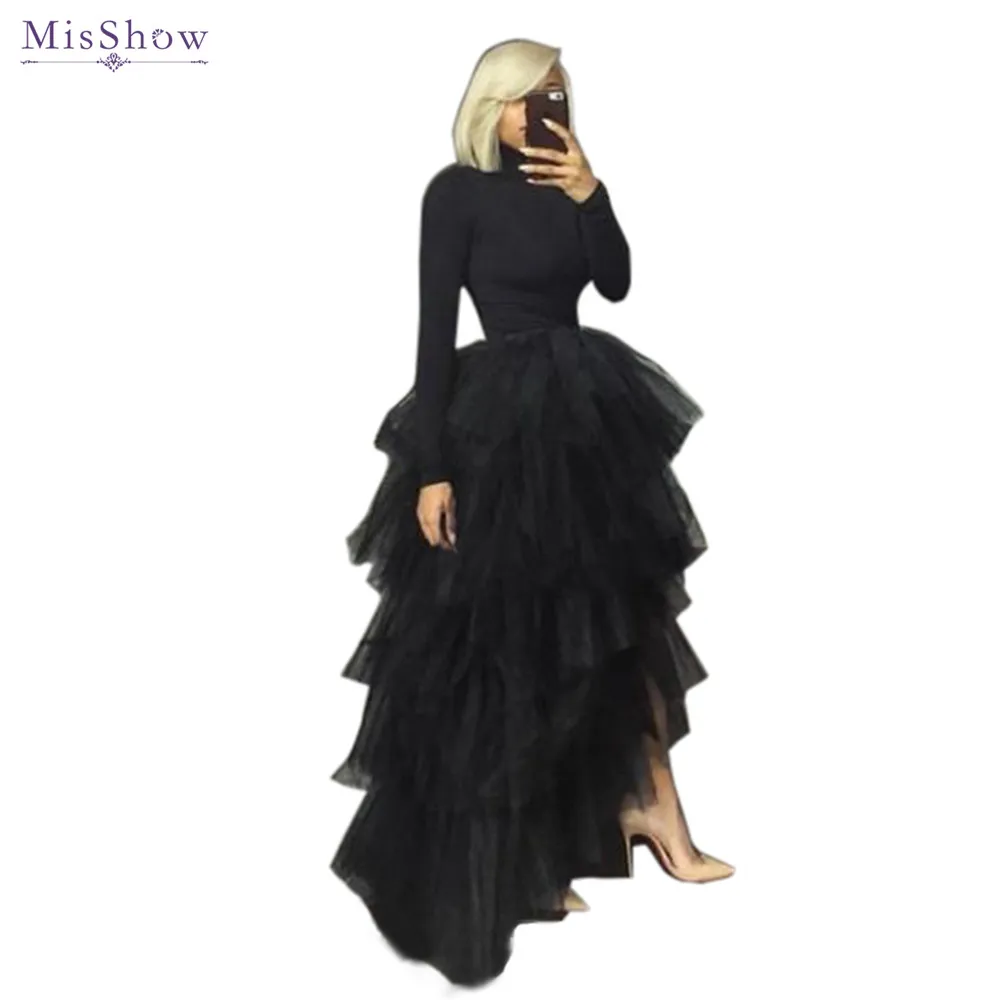 MisShow Lolita Skirts Soft Tulle Hi-Lo Ruffle Tiered Tutu Skirt Elastic Waist High Low Maxi Dress for Halloween Cosplay Costume