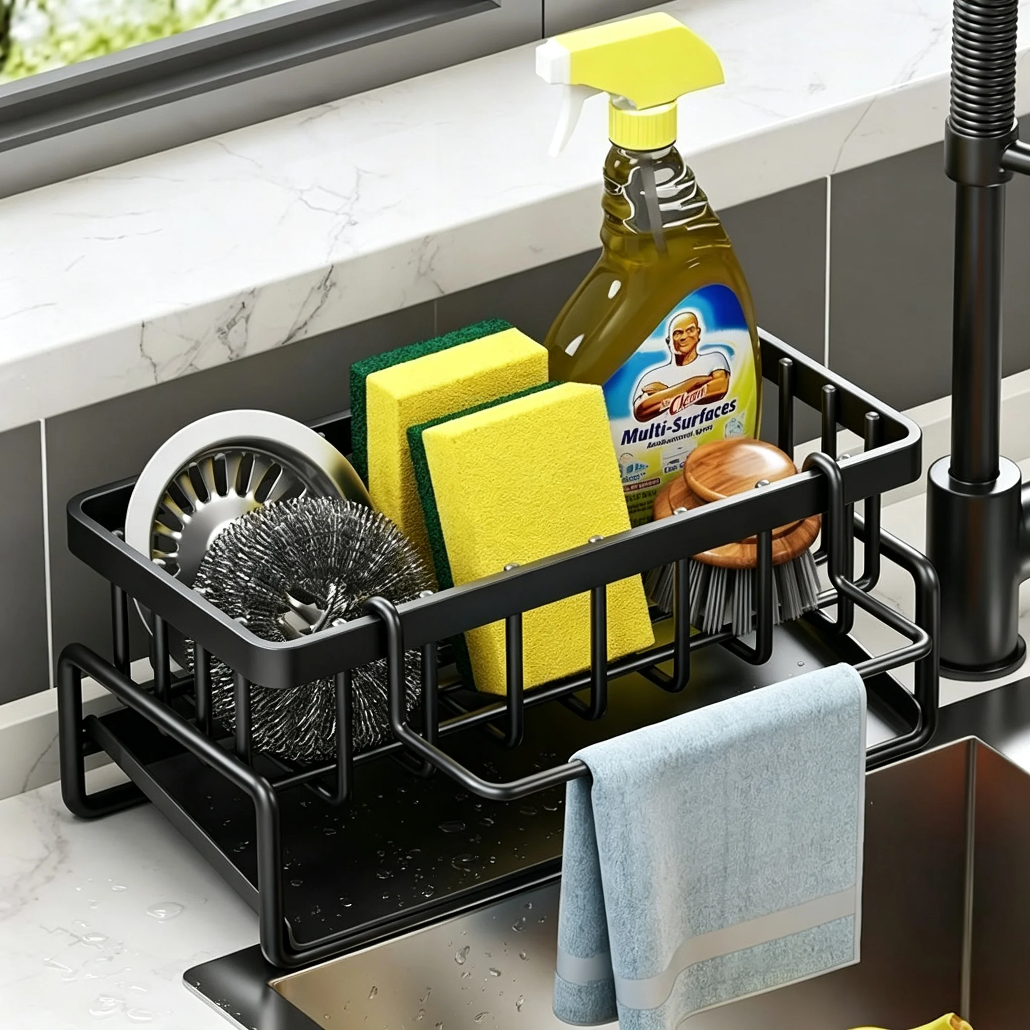 Black Thickened Metal Kitchen Sink Organizer with Drain Tray Rustproof Sponge Brush Soap Caddy Space Saving for Kitchen Bathroom