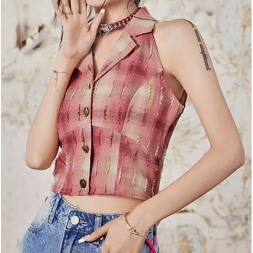 Contrast Plaid Crop Top Vintage Sleeveless Coat Notched Collar Single Breasted Tassel Tank Tops Korean Wear Tear Old Shirt