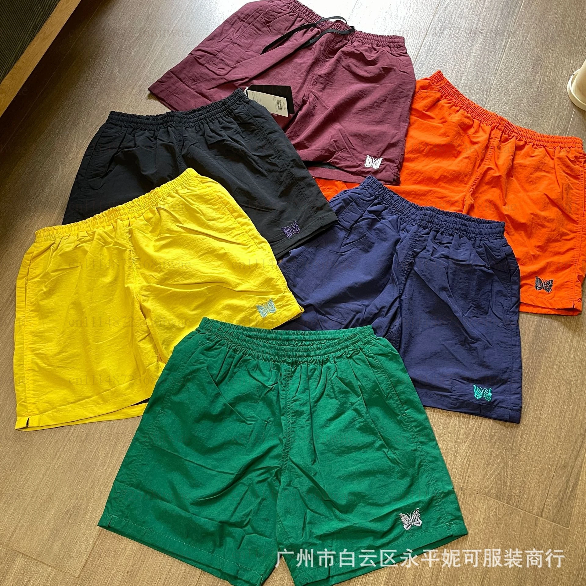 Summer Men Lightweight Nylon Short Pants Quick‑Drying butterfly Embroidery Detail Loose Elastic Drawstring Waist Casual Sports