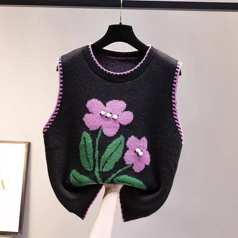 Flower Knitted Vest Women's Spring and Autumn Versatile Shoulderless Tank Top Loose Top Sweater Winter Underlay Top