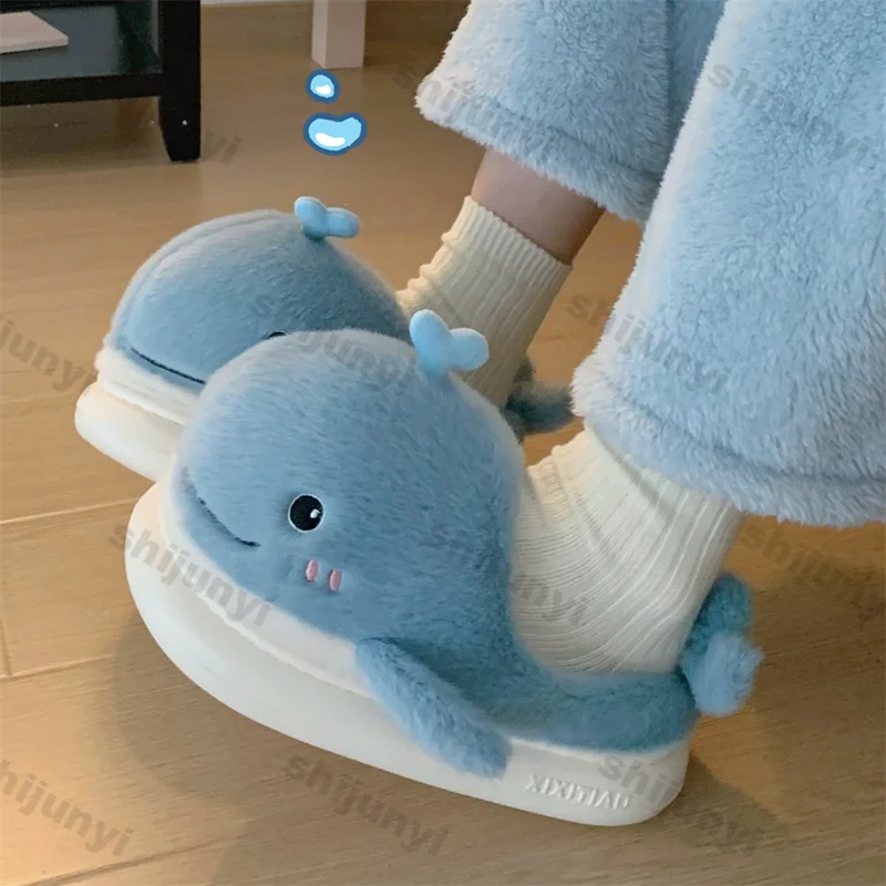 Creative Cartoon Plush Whale Cotton Slippers for Women Men Winter Plush Velvet Warm Soft Sole Shoes Couples Home Indoor Slippers