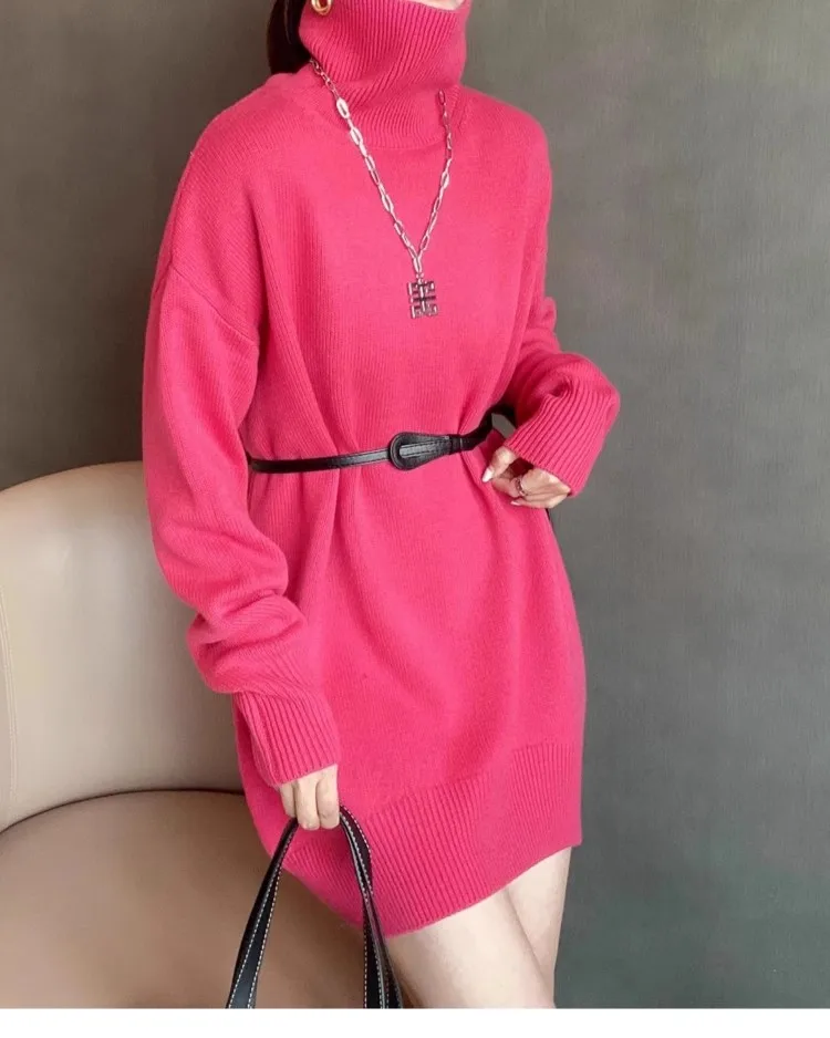 Cashmere sweater women's long European station new loose thickened turtle neck skirt plus size