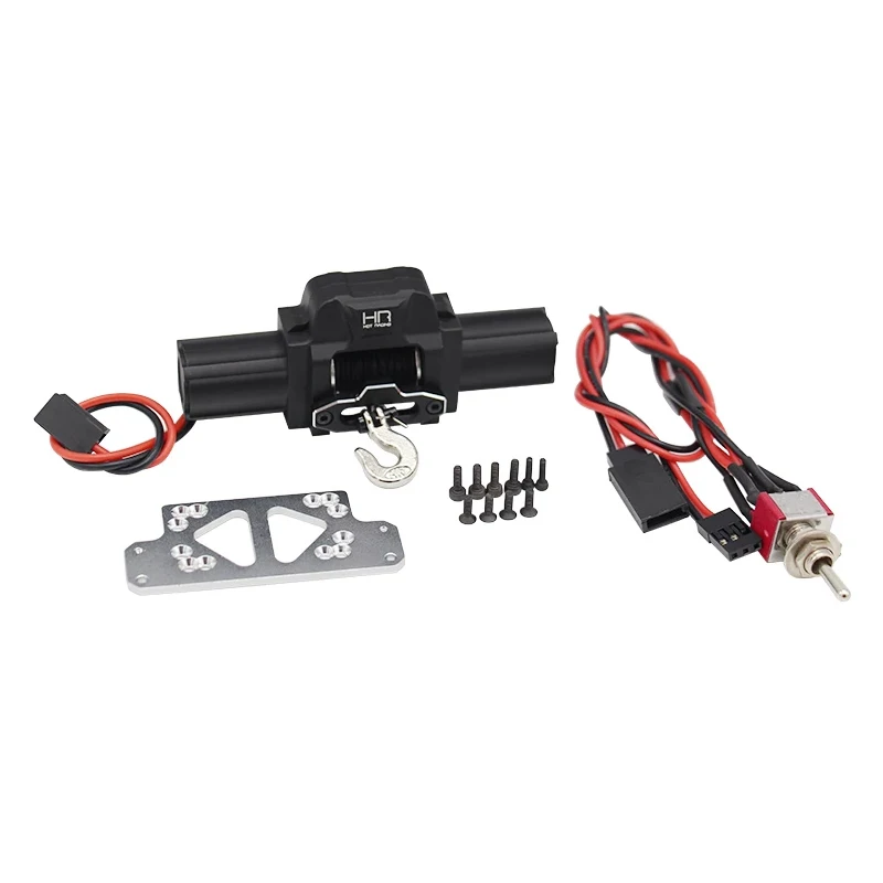 Hot Racing ACC833X01 Black Alum 1/10 Dual Motor Power Winch 346:1 w/ Fairlead/Hook/3ft Rope/Switch for RC Crawler