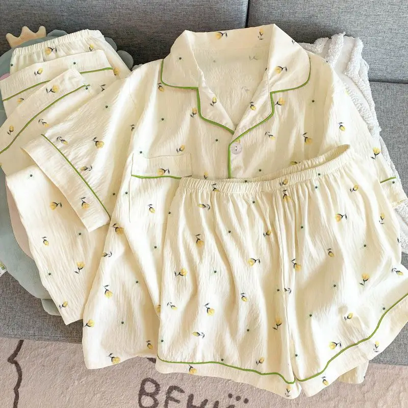 Women Pajama Set 3 Piece Short Sleeve Shirt and Shorts Long Pants Sleepwear Lemon Print Soft Cotton Loungewear Nightwear Pyjamas
