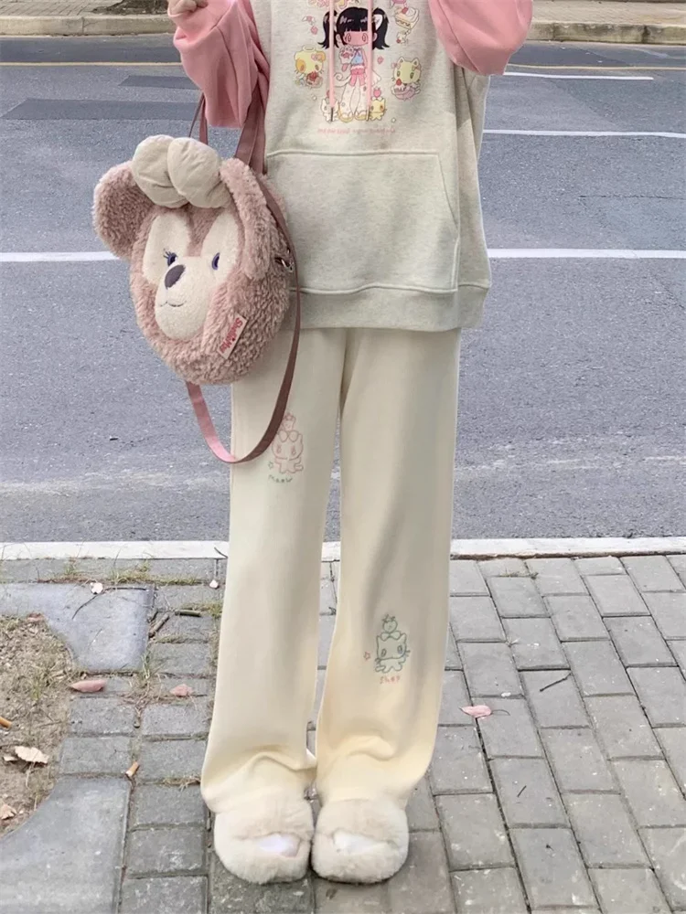 QWEEK giapponese Y2K carino Beige pantaloni di velluto a coste donne Harajuku Kawaii Lolita stile pantaloni pantaloni della tuta ricamo moda coreana