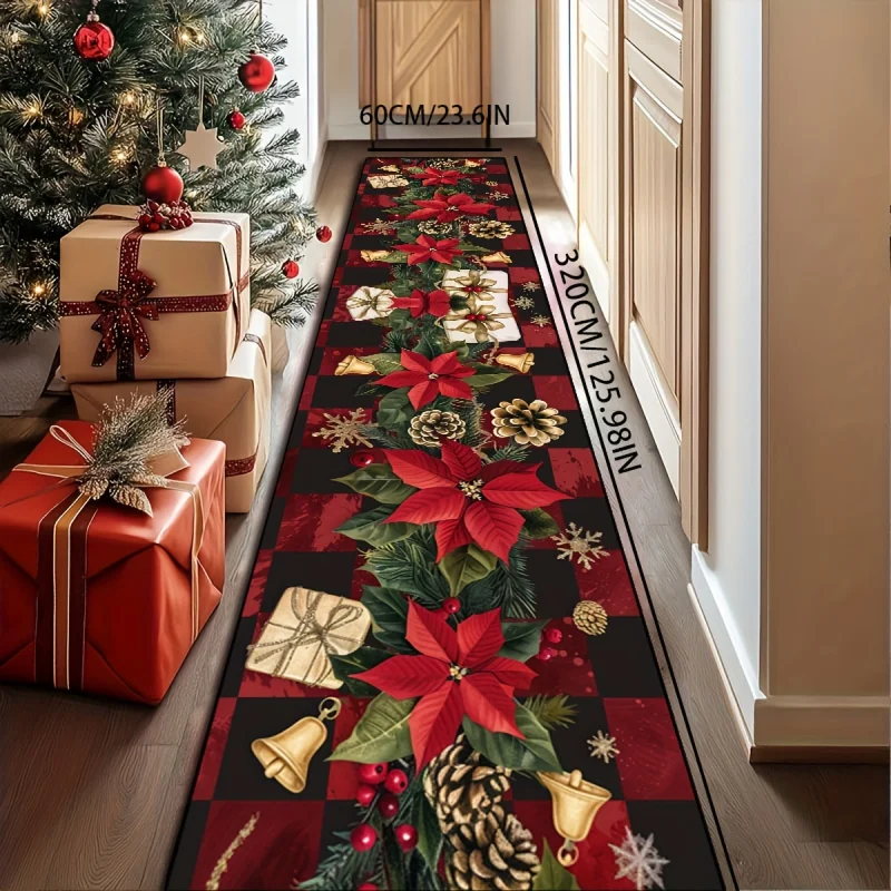VIKAMA Christmas Runner Rug Buffalo Plaid Poinsettia Pine Cone Bell Pattern Non Slip Mat For Kitchen Hallway Xmas Home Decoratio