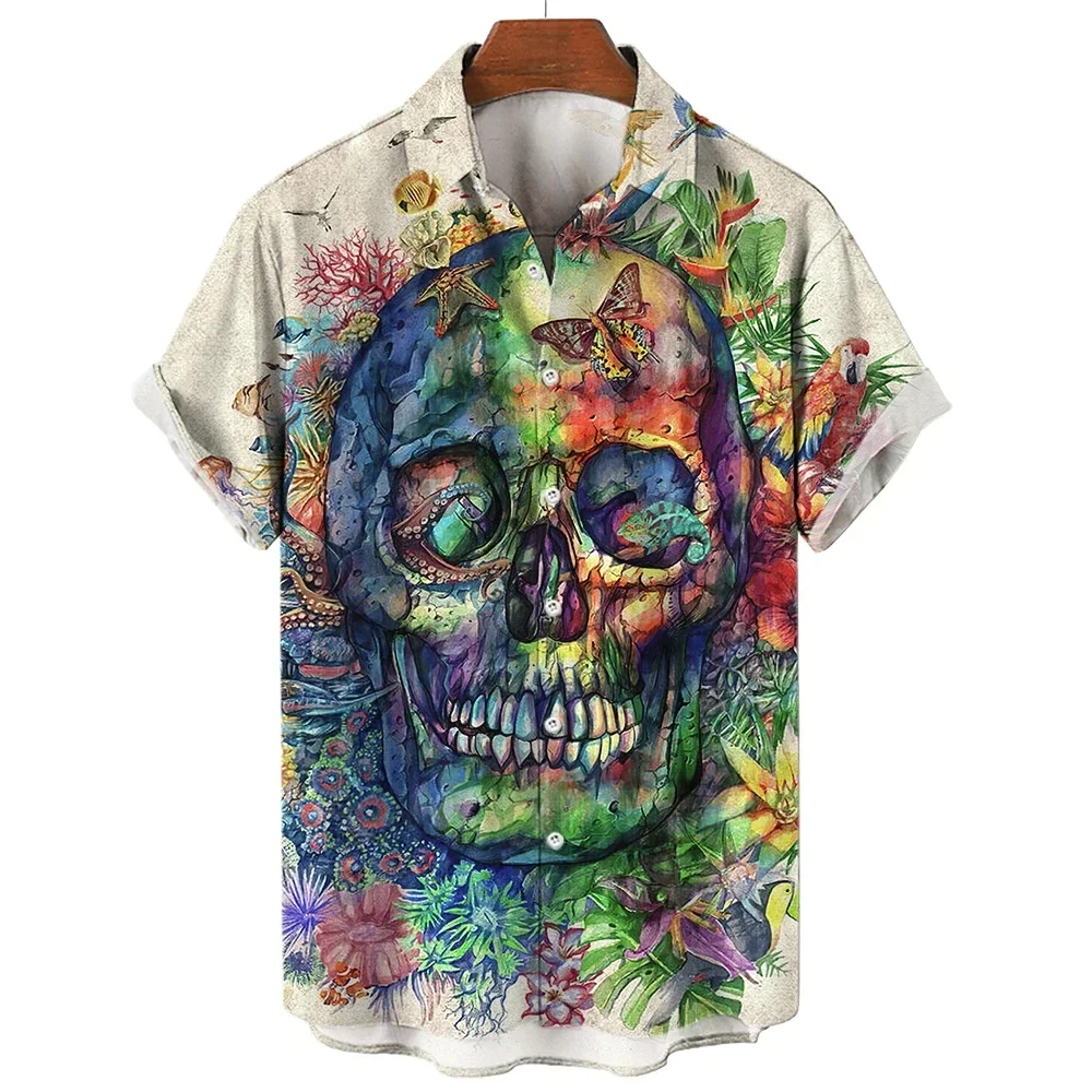 Camisa con estampado 3D de calavera de terror para hombre, ropa de gran tamaño, viaje informal de verano, Playa hawaiana, Harajuku, vacaciones